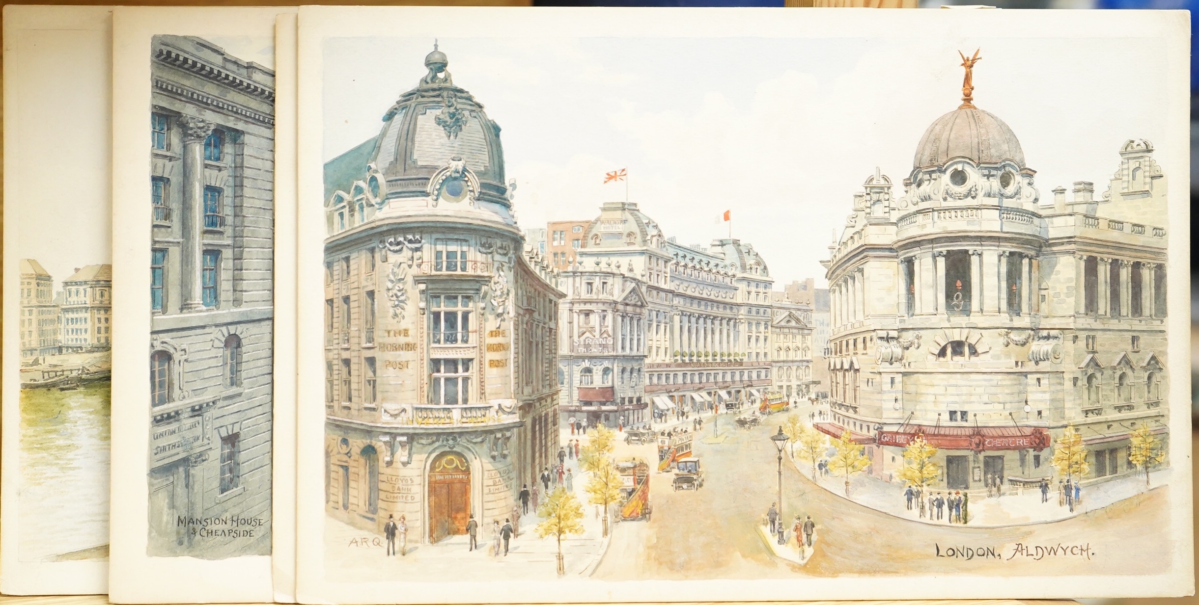 Alfred Robert Quinton (1853-1934), a set of six original watercolours for postcard designs, London views to include: Lambeth Bridge and Houses of Parliament, The Thames Embankment, The Lakes St James Park and Hyde Park C